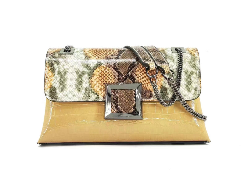 Top layer cowhide with snake embossed double chain shoulder bag——987