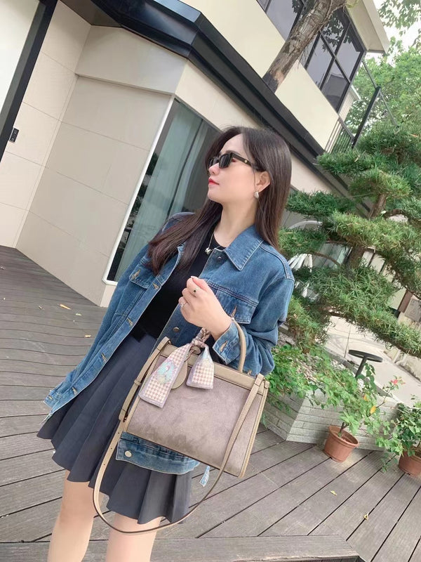 Cloth and top layer cowhide portable crossbody shoulder bag——9081