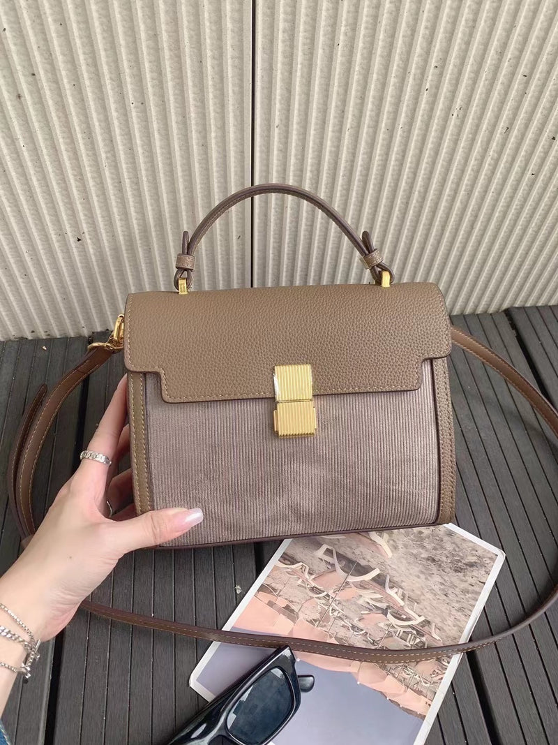 Cloth cowhide portable flap crossbody shoulder bag——9083