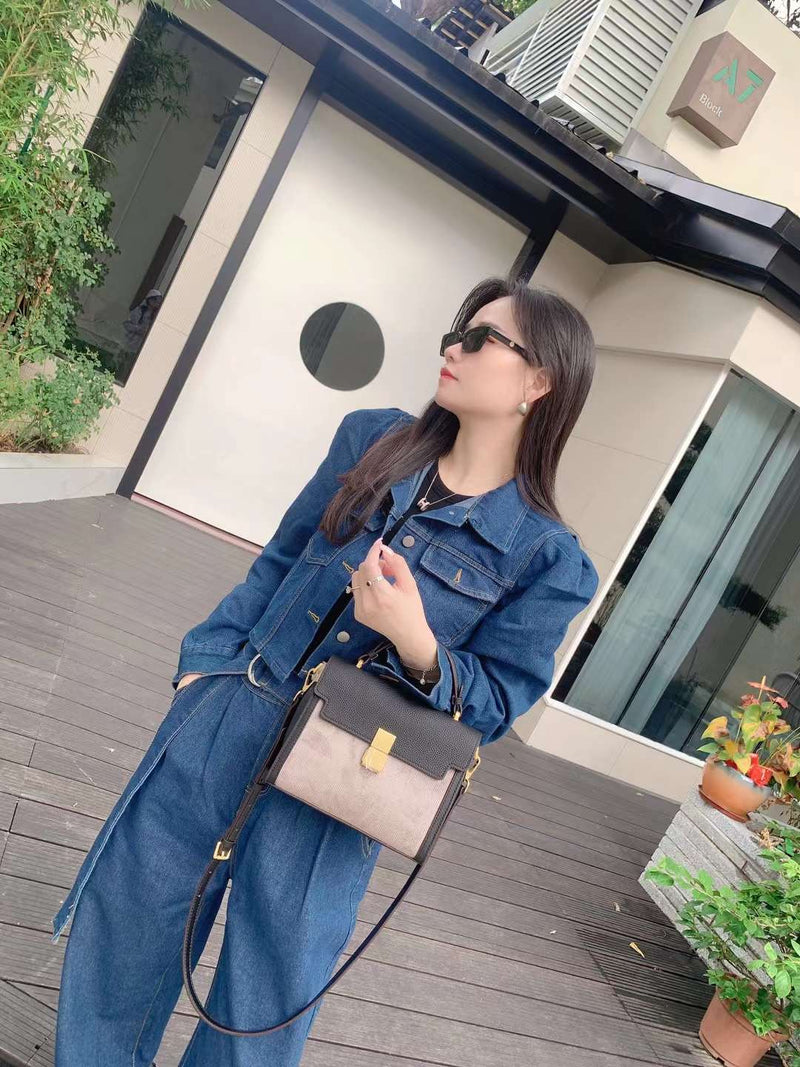 Cloth cowhide portable flap crossbody shoulder bag——9083