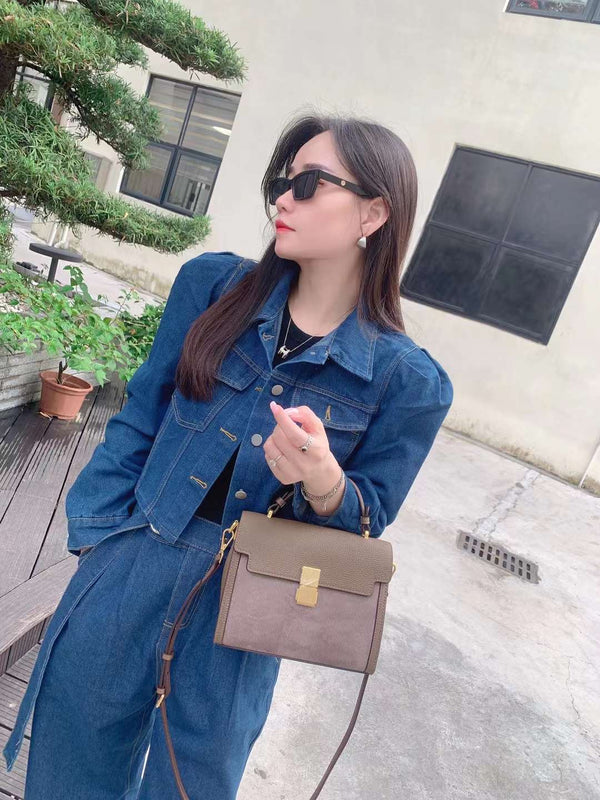 Cloth cowhide portable flap crossbody shoulder bag——9083