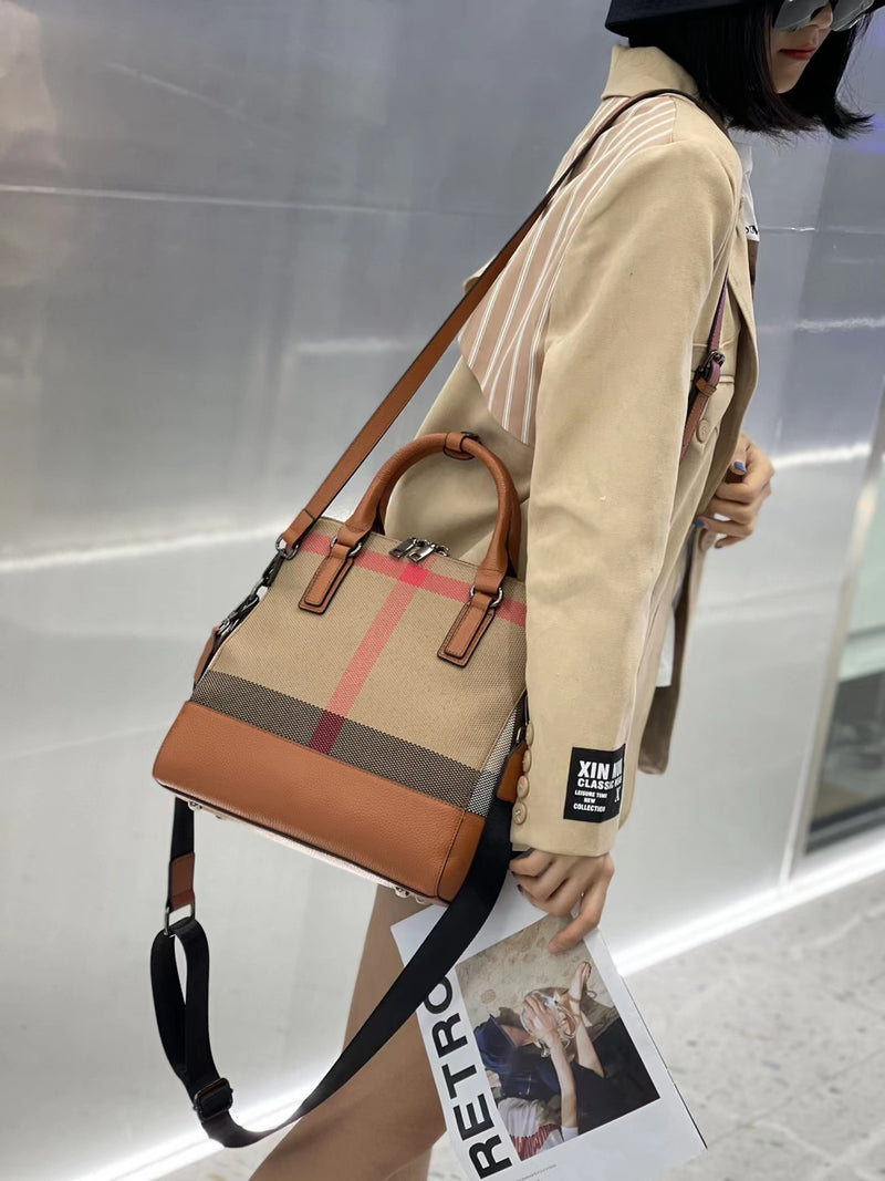 High-end trendy large cowhide check pattern portable shoulder bag——6972